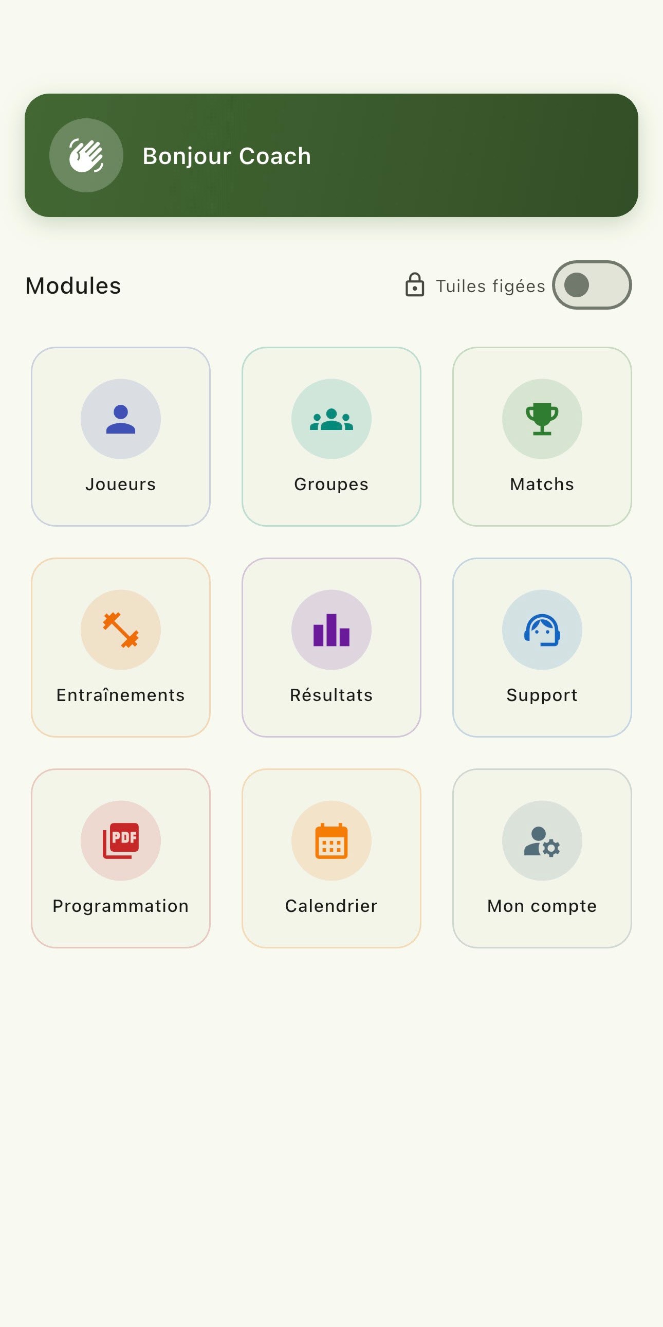 Écran d'accueil de l'application FootLife éducateurs